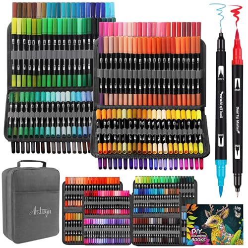 Artugn 168 Colors Dual Markers Brush Pens for Adult Coloring Books with Bag | Art Marker Set with Fine & Brush Tip Pen for Bullet Journaling, Coloring, Drawing, Hand Lettering, Calligraphy, Art Supplies - color: 168 Colors