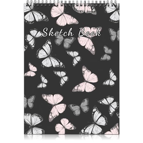 Deokke Sketchbook Top Spiral Bound Sketch Pad, 9 x 12 inch,100GSM Thick Paper,50 Sheets 100 Pages,Art Sketch Book Aesthetic Cute Drawing Writing Paper for Girls Women-Pink Gray Butterfly - color: A-19-Pink Butterfly