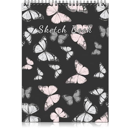 Deokke Sketchbook Top Spiral Bound Sketch Pad, 9 x 12 inch,100GSM Thick Paper,50 Sheets 100 Pages,Art Sketch Book Aesthetic Cute Drawing Writing Paper for Girls Women-Pink Gray Butterfly - color: A-19-Pink Butterfly
