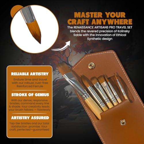 Travel Watercolor Brush Set - 6 Short Handle Paint Brushes with Travel Case - Kolinsky Style Synthetic Sable for Watercolor, Gouache & Plein Air Painting - Artist Gift