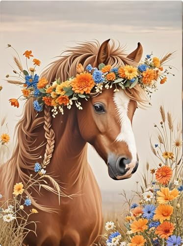 PINFFSHU 5D Diamond Painting Kits for Adults Beginners - Beautiful Horse with Floral Crown，Full Drill DIY Sparkling Gem Art Craft with Tools, Home Wall Decor, Unique Gifts for Women, 12x16 Inch - color: Brown, orange, blue, white, yellow