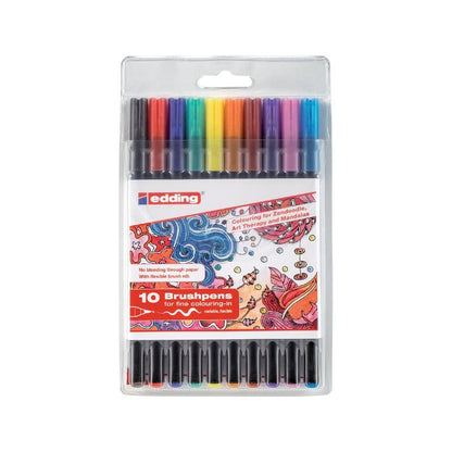 edding 1340 Brush Pen Set, 10-Colors - color: black, red, blue, green, yellow, orange, brown, violet, pink, light blue