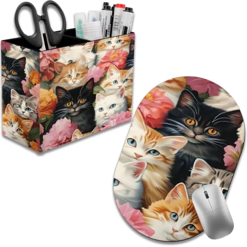 Pen Holder for Desk, PU Leather Multifunctional Desktop Storage Box and Anti-Slip Mouse Pad Set, Makeup Brush Holder Pen Organizer for Office and Home - Cute Cat - color: Cute Cat