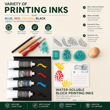 Xenolog Complete Block Printing Kit - All-in-One Lino Cutting Tools Set with Soft Rubber Blocks, Brayer, Ink & Storage Case - Deluxe Linocut Stamp Making Printmaking Supplies for Beginners