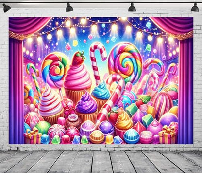 10x8FT Candyland Backdrop Sweet Candy Fest Ice Cream Lollipop Candy Cane Background for Kids Baby Shower Birthday Decorations Girls Sweet Candy Party Vinyl - size: 10x8FT