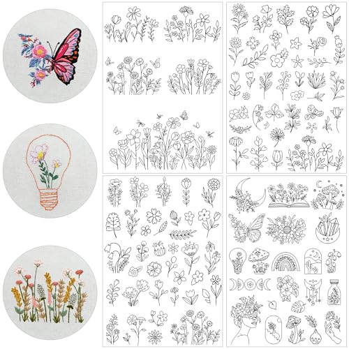 Stick & Stitch Embroidery Designs - Embroidery Paper Wash Away, 4 Sheet Water Soluble Stabilizer for Embroidery, Flower Mushroom Leaves Butterfly Moon Design, Suprise for Hand Sewing Lover - style: flower 1303