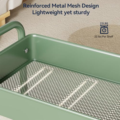 YASONIC 3-Tier Rolling Cart, Green, 66 Pounds Capacity, Mesh Storage Organizer with Lockable Wheels, 3 Hanging Cups, 4 Hooks, Easy Assembly, for Kitchen, Bathroom, Laundry, Grocery | Sturdy Rolling Storage Cart With Hooks & Hanging Cups, Great For Craft,