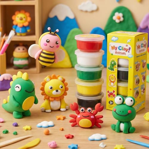 Air Dry Clay Kit, 5 Packs Modeling Clay Animals Kit for Kids, DIY Model Magic Clay with Tools & Tutorials, Soft& Non-Sticky, Safe& Non-Toxic Magic Clays, Creatible Art Crafts Toys Gifts for Boys Girls - color: 5 Colors Animal Kit
