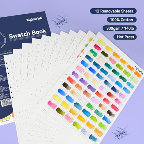 Lightwish Watercolor Swatch Book - 12 Detachable Sheets 100% Cotton 72 Spaces,15.35 * 10.63 in,300gsm/140lb Hot Press for Watercolor, Gouache, Oil Pastels - Spiral-Bound Color Testing Journal - color: Blue, size: 15.35*10.63 In
