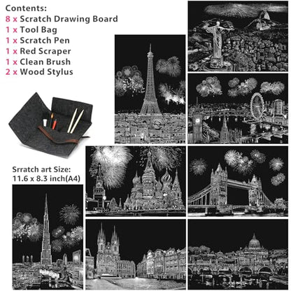 8-Sheet Rainbow Scratch Art with Tools for Adults & Teens, A4 Landmarks - color: Gray