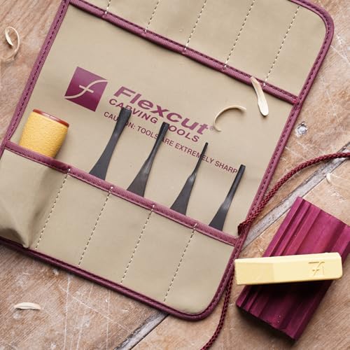 FLEXCUT SK130 5-Piece Lino & Relief Printmaking Set, Carbon Steel Blades (SK306, SK309, SK803, SK307), Quick Connect ABS Handle, Tool Roll, Strop & Honing Compound – 12 oz, Made in USA