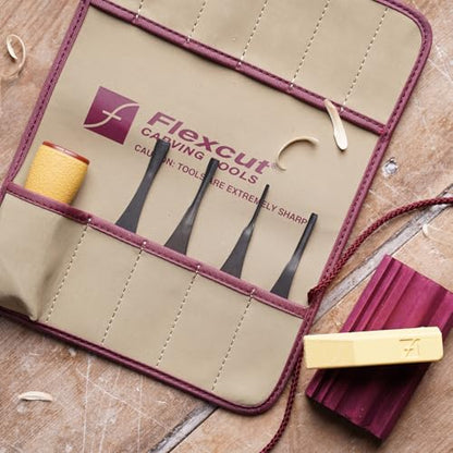 FLEXCUT SK130 5-Piece Lino & Relief Printmaking Set, Carbon Steel Blades (SK306, SK309, SK803, SK307), Quick Connect ABS Handle, Tool Roll, Strop & Honing Compound – 12 oz, Made in USA