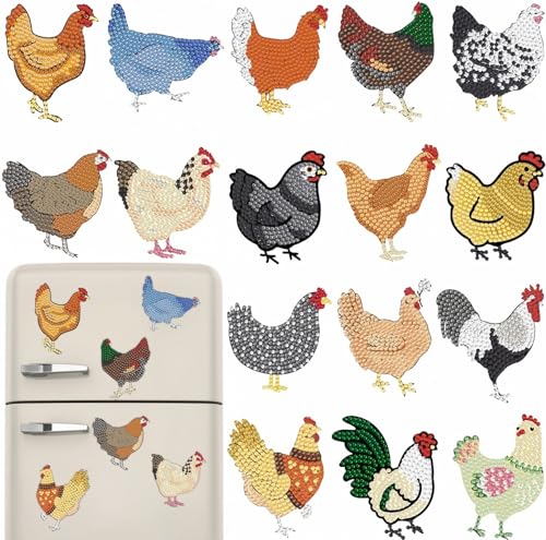 16 Pcs Chicken Diamond Painting Magnets Kits Diamond Art Fridge Magnet Refrigerator Sticker Diamond Painting kit for Beginners Adults DIY Art Craft Gifts Home Decors - color: Chicken