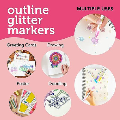 Incraftables Outline Glitter Markers (12 Colors) – Metallic, Double Line Pens, Shimmer Markers for Crafts, Greeting Cards, Drawing - style: Glitter Marker