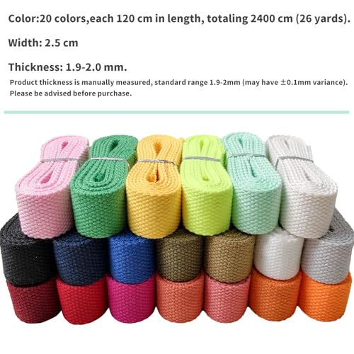 Assorted Heavy‑Duty Cotton Webbing Strap 1''x26yds for Bags | 2mm thick webbing for dog collars, backpack, bag handles, apron straps, slings, sewing repairs & DIY craft projects. - color: Multi-color 24 Yards