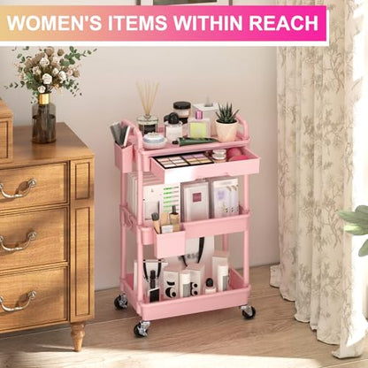Goovilla 3 Tier Rolling Utility Cart Organizer with Removable Drawer, Pink | Stable and Sturdy Rolling Storage Carts with 2 Lockable Wheels for Bathroom, Kitchen, Snack, Craft, Makeup, Baby Essentials - size: 3 Tier, style: Pink