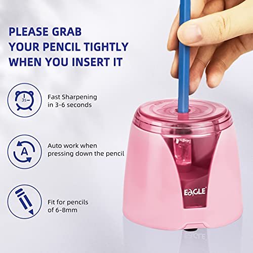 Eagle Electric Pencil Sharpener, Battery Powered, Large Shaving Holders, Carbon Steel Blades, Portable, Reusable and Replaceable Blade, Suitable for Kids, Home, School and Office use (Pink) - color: Pink