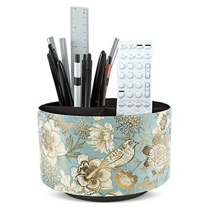 Round Leather Art Supply Organizer,Remote Control Holder,360 Degree Rotating,Multi-Functional Pencil Holder,4 Compartments Desktop Stationary Organizer(1-Blue Bird) - color: 1-Blue Bird