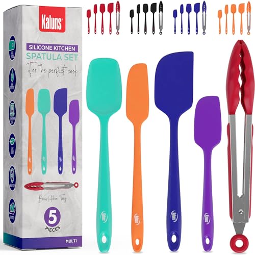 Kaluns Silicone Spatula Set, 4 Rubber Spatulas 600°F Heat Resistant, Nonstick Seamless Design with Stainless Steel Core, Dishwasher Safe, BPA free, Bonus Tongs Included - color: 4 Pcs + Tongs Mixed Colors