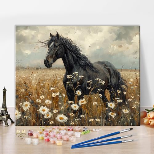 TUMOVO Black Horse in White Flower Paint by Numbers Craft Kit for Adults - color: Horse