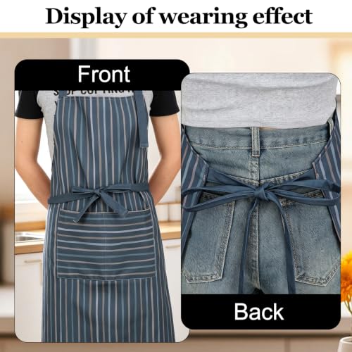 2 Pack Waterproof Kitchen Apron, Striped Bib Apron with 2 Pockets | Lightweight Polyester, Ideal for Cooking, Baking, BBQ, Dishwashing, Gardening, Cafe Work - color: Dark Blue Vertical Stripe/Brown Plaid