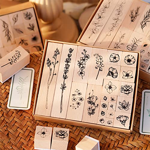 22 Pcs Plant Wooden Rubber Stamp Set for DIY Craft Projects | Crisp imprint detail, Natural wood handle, Sturdy stamping surface - color: Plant 2