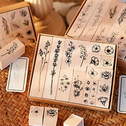 22 Pcs Plant Wooden Rubber Stamp Set for DIY Craft Projects | Crisp imprint detail, Natural wood handle, Sturdy stamping surface - color: Plant 2