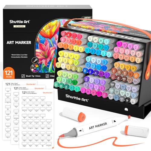 Shuttle Art Brush Tip Alcohol Markers, Dual Tip Brush & Chisel Tip Art Marker Set, 121 Colors Marker Pens with Organized Case Perfect for Illustration Kids Students Adults Coloring Sketching - color: 121 Colors Brush & Chisel Tip