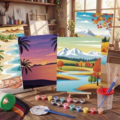 Sherr 285 Pcs 30 Sets Sip and Paint Kit for Adults,Scenery | Pre Drawn Canvas to Paint for Adults, Acrylic Paints, Brushes, Easels, Date Night, Birthday Party Gifts - style: Beautiful Scenery