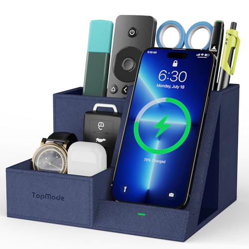 TopMade Wireless Charger with Desk Nightstand Organizer, Leather Pen Pencil Holder Bedside Fast Charging Station, for iphone Charging Stand Office Supplies Desk Accessories, Gifts for Men(Blue) - color: Blue