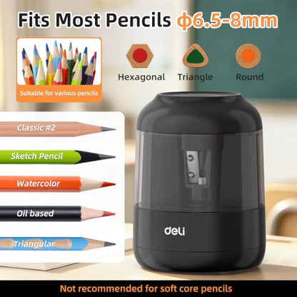 deli Electric Pencil Sharpener, Battery Operated, 6.5–8mm for Classroom | Battery Electric Pencil Sharpener, Durable Blade 5000+ Sharpen, Fits 6.5-8mm Pencils Classroom Kids Home - color: Black