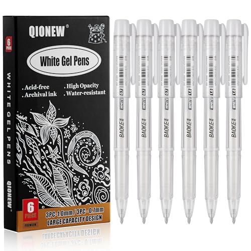 QIOINEW White Gel Pens, 1mm, 0.7mm Fine Point White Archival Ink Pens,6 PCS | White Opaque Archival Ink Pens for Black Paper Drawing, Art Highlight, Bullet Journaling, Illustration and Card Making,6 Pack - size: 0.7 mm + 1 mm, style: White