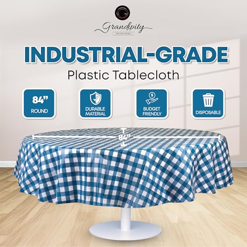 Grandipity Plastic Table Cloth Disposable 12 Pack 84" Round Gingham | Plastic table covers, durable disposable tablecloths, fade and tear-resistent table cover for party, event - color: Blue Gingham Checkered, size: 84in. Round