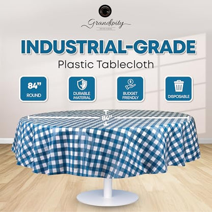 Grandipity Plastic Table Cloth Disposable 12 Pack 84" Round Gingham | Plastic table covers, durable disposable tablecloths, fade and tear-resistent table cover for party, event - color: Blue Gingham Checkered, size: 84in. Round