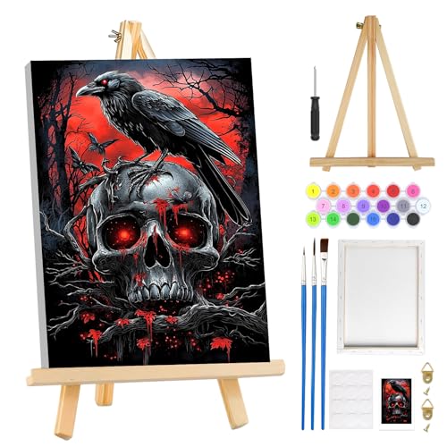 MOGTAA Halloween Paint by Numbers Kit for Adults Beginners with Frame, Skull Adult Paint by Number Kits on Canvas with Easel, Easy DIY Birds Oil Painting Kits for Home Decor, 8x12in - color: Halloween Skull