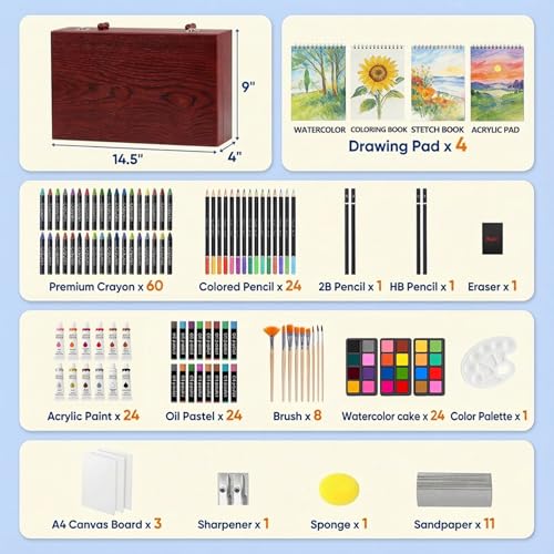 194 Piece Deluxe Art Set, Painting Drawing Art Supplies with 4 Drawing Pads, Acrylic Paints, Crayons, Colored Pencils Set in Wooden Case, Art Kit Gift Box for Kids, Teens, Adults, Artists, Beginners - color: Red