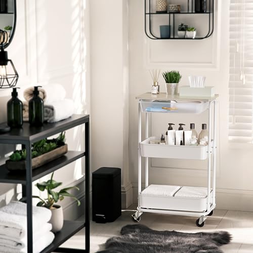 Simple Houseware 3-Tier Rolling Utility Cart with Drawer & Wood Top, Maple - color: Maple