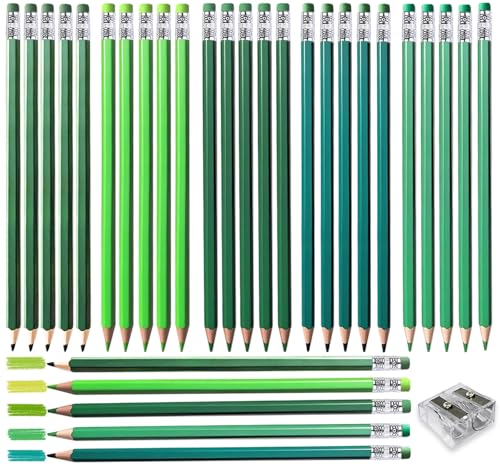 Adhere 25pcs Checking Pencils Erasable colored Pencils Pre-Sharpened #2 HB,for Checking Tests Grading,Map Coloring, editing Office Favors,including a Free sharpener. (Mixed Green) - color: Mixed Green