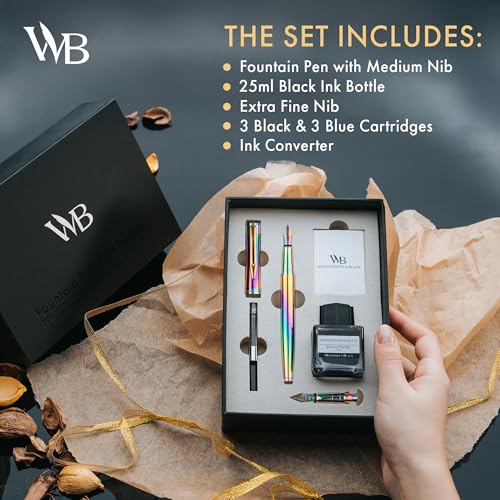 Wordsworth & Black Fountain Pen Gift Set, Medium & Extra Fine Nib, Rainbow | For Men & Women, Brass Body, 18K German Iridium, Ink Bottle + 6 Cartridges, Converter, Writing & Calligraphy, Journaling - color: Rainbow