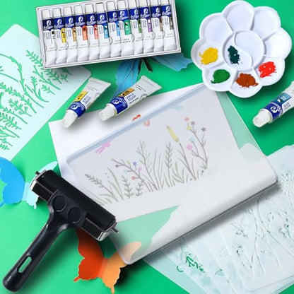 Reusable Gel Printing Plate Kit, Complete Printmaking Set with 5" X 7" Gel Plate, Acrylic Paint, Paper, Baren, Rubber Roller, Stencils and Storage Box, Easy Clean Plate, Creative Art DIY Printmaking