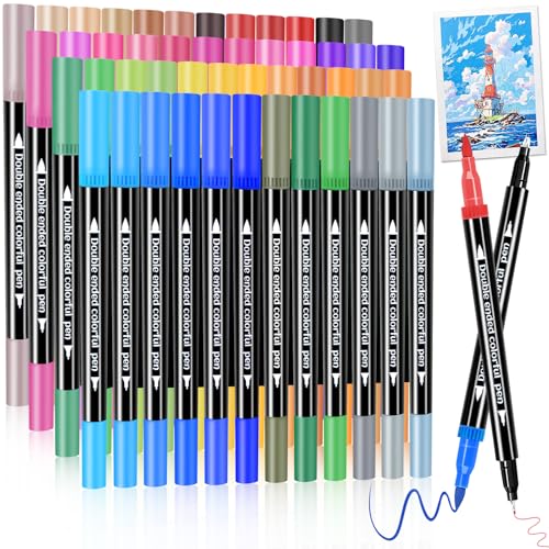 Dual Markers Brush Pens, Art Brush Coloring Markers for Adult Coloring Books, 48 Colors Pens for Teens, Double Tip Colored Pen for Journaling Note taking Planner Lettering Calligraphy Drawing - color: 48