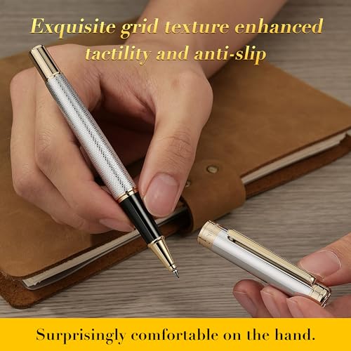 MCNTEIK Silver Chrome Rollerball Pen, Stunning Luxury Pen with Mesh Texture Design、Silver Chrome Finish and 24K Gold Accents, Nice Gift Set for Men & Women, Business, Executive, Office, Fancy Pens - color: Silver Chrome with Gold