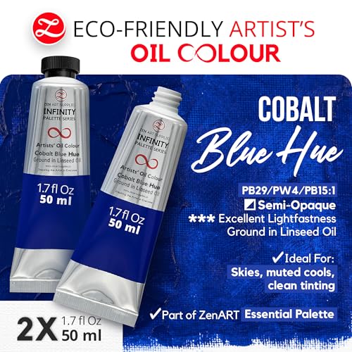 ZenART Professional Oil Paint Set - Artist Grade Cobalt Blue - 2x50ml | Non-Toxic, Buttery Consistency, Rich Pigment, Lightfast Oil Paints for Primed Surface Canvas, Fine Art, Portraits & Landscape - color: Cobalt Blue