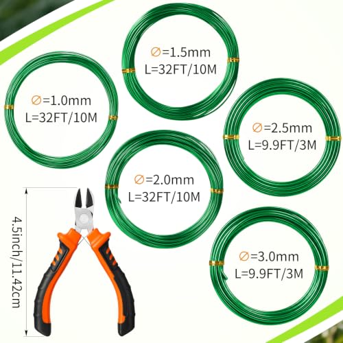 Mudder 5 Roll Bonsai Training Wire Aluminum 1/1.5/2/2.5/3mm Green | Anodized Coating Resists Rust, 118 Ft for Branches, Includes Cutter, Flexible Cable Holds Shape, For Bonsai Tree Training - color: Green, size: 1/1.5/2/2.5/3mm
