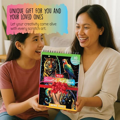 Scratch Art Book for Adults - Animal Series, 10 Rainbow Art and Crafts for Adults | Adult scratch art & foil art for adults kit | stress relief scratch painting, screen-free travel craft | scratch art adult - color: Animal Series