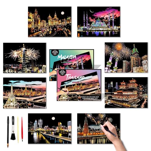 DESINIK Scratch Painting Art Paper - Scratch Art for Adults & Teens: Premium DIY Craft Kit with Tools - Creative Adult& Teens Crafts for Home Decor & Stress Relief（Asia Series） A4 - color: Asia Series