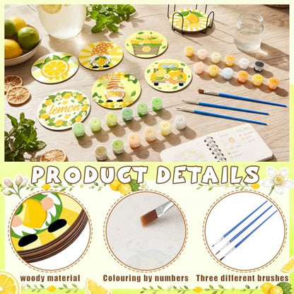 Reallnaive 8 Pcs Lemon Paint by Numbers Kit for Adults Wooden Coasters | Mini Paint by Numbers, Tiny Yellow Gnome Round Oil Painting Drink Coaster with Holder, for Small DIY Craft Birthday Gift - style: Lemon