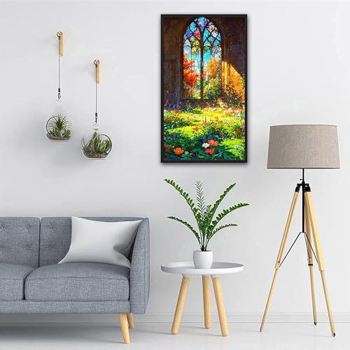 ARTGOTO Large Paint by Numbers for Adults Stained Glass Window | 15.7x27.5inch/40x70cm Paint by Number Kit on Canvas, Sunlit Flower Garden Acrylic Painting Set with Brushes, No Frame - color: PBN040