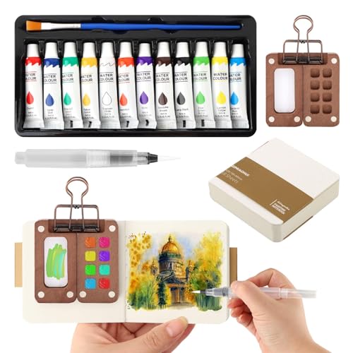 Portable Watercolor Paint Set, Mini Travel Watercolor Palette with Clip, 12-Color Vibrant Watercolors with 8-Compartment Wooden Palette, Portable Art Supplies Kit for Artists, Students & Beginners