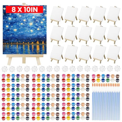 16 Pack 8x10 Inch Canvas and Easel Set, 16 Small Canvas for Painting with 16 Easels, 16 Acrylic Paint Set, 32 Paint Brushes, 16 Palletes, Painting Kits for Adults Beginners Party